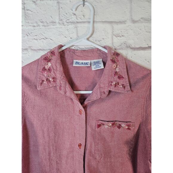 Blair Women's Button Front Shirt Dusty Rose Embroidered Collar Pocket Med - Picture 2 of 9